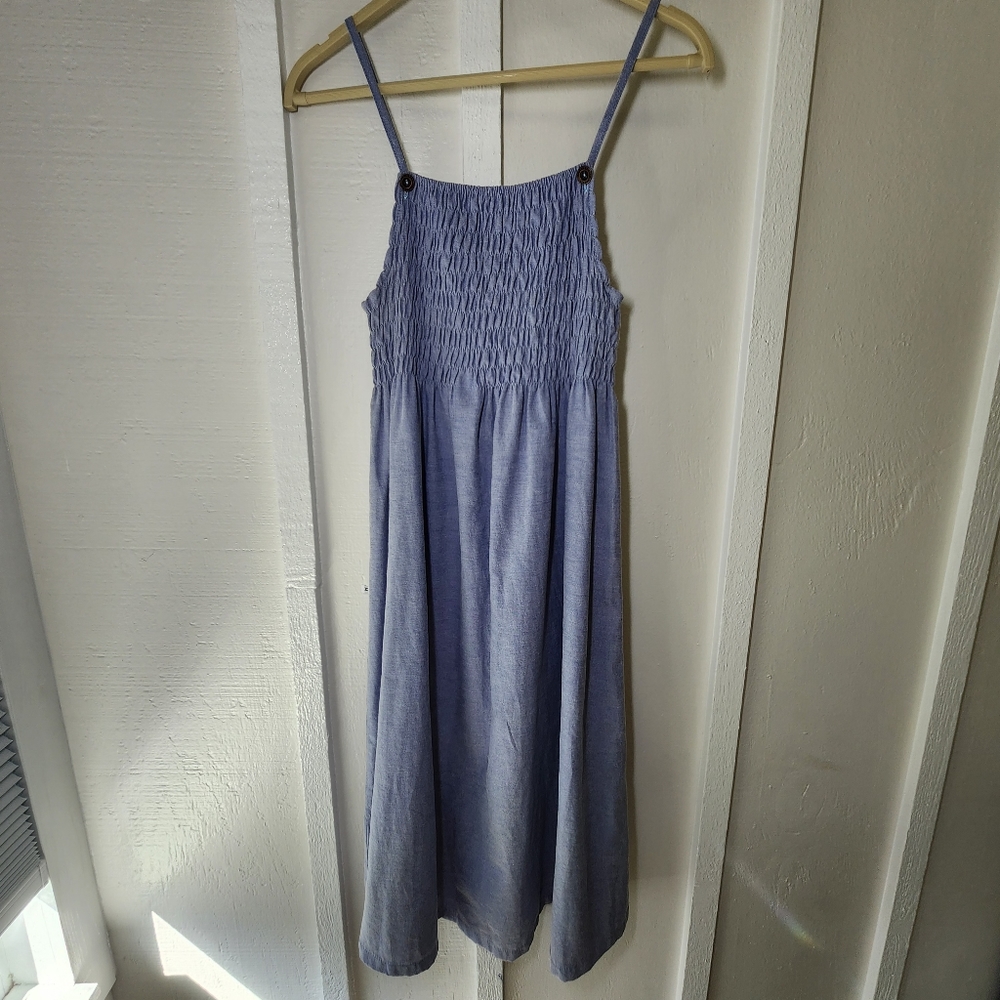Vintage Militaires Equipments Blue Smocked Midi Dress Prarie Cottagecore